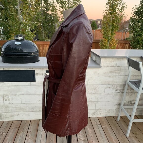 Vintage 70s Sears Burgundy Leather Quilt Lined Belted Blazer Jacket Trench Coat - Picture 5 of 16